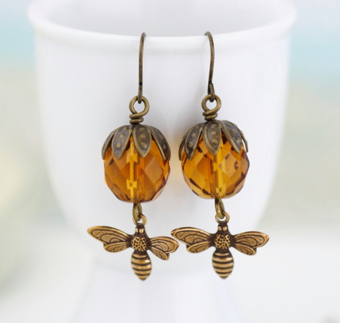 Bee Earrings - Golden Brown Amber Glass Beaded Earrings, Drop Earrings, Memorial Day Sale