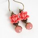 Coral PInk Earrings With Pink Flowers Pink Glass Beads - Gift For Woman - Very Feminine Earrings, Gift For Mom