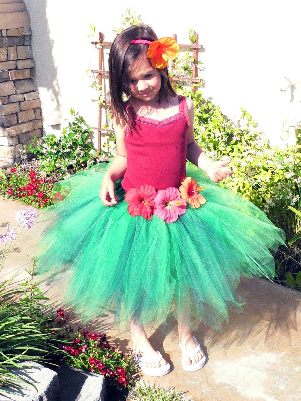 Akela - Custom Long Hawaiian Pixie Tutu - Grass Hula Skirt Inspired Custom Sewn Tutu - features hibiscus flowers on the waistband