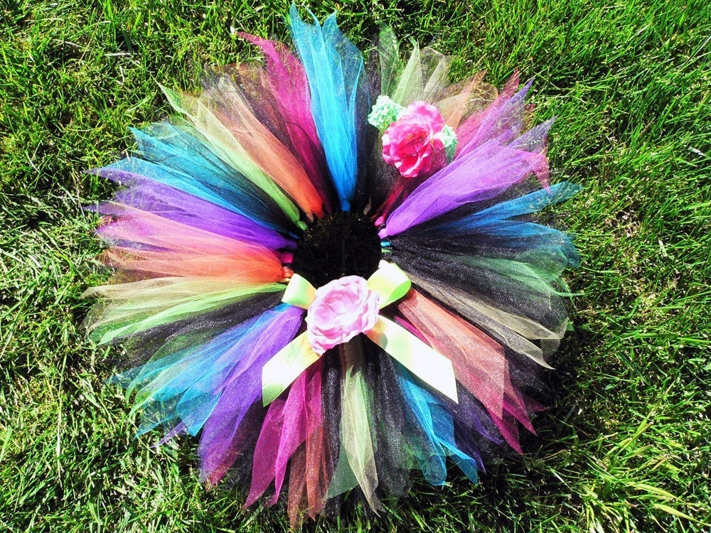 Tutu - Girls Tutu - Birthday Tutu - black with neon rainbow 11'' pixie tutu and headband set - SO CAL PUNK - sewn tutu - Photo Prop