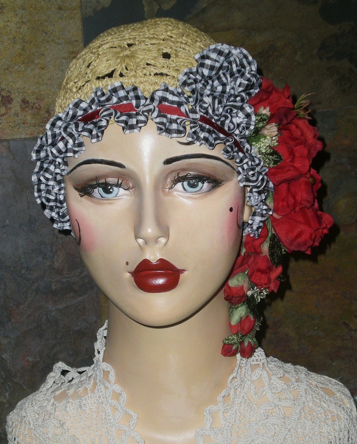 One of a Kind Vintage Roaring 1920's Straw Picnic FLAPPER CLOCHE HAT Gingham Ruffle Red Floral