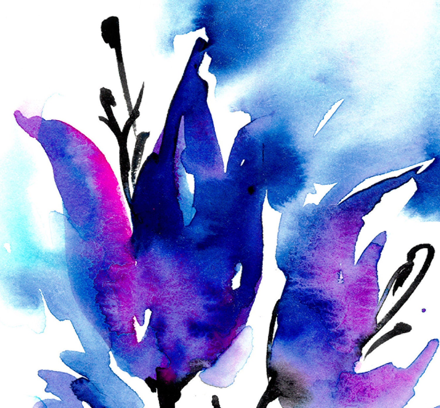 Blooms Of Blue ... Original abstract floral flower Watercolor painting EBSQ ... Free Shipping