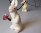 White Rabbit Figurine Ceramic  Pendant - holds flower