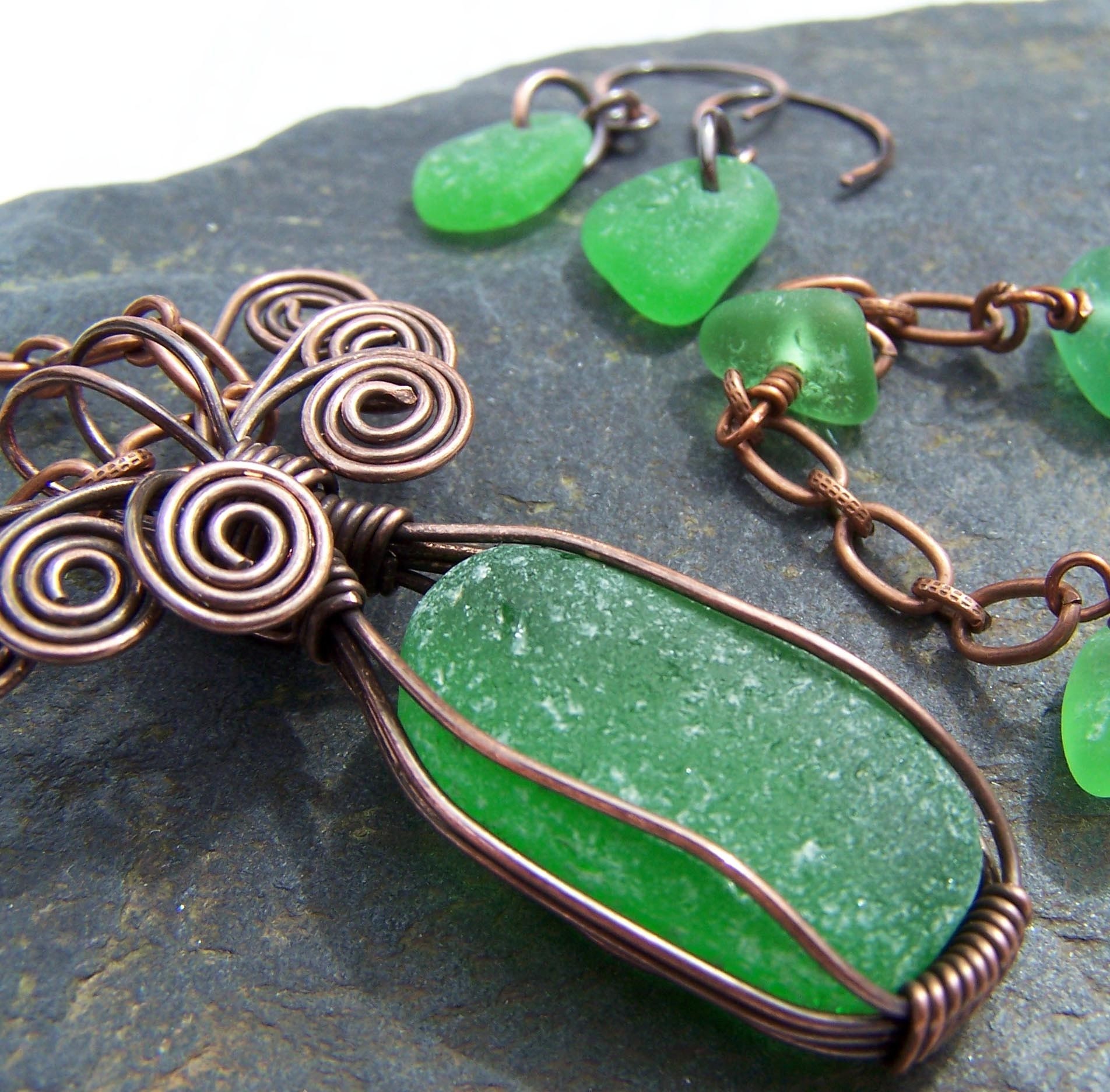 GREEN EYED - Sea Glass and Antiqued COPPER Necklace, Earring, and Bracelet SET