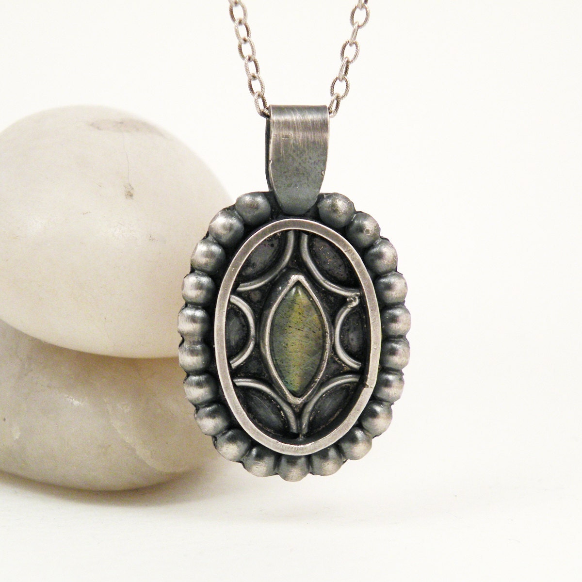 SALE Green Labradorite Necklace Sterling Silver Necklace Oxidized Ornate Jewelry - Peeking Through Clouds Necklace
