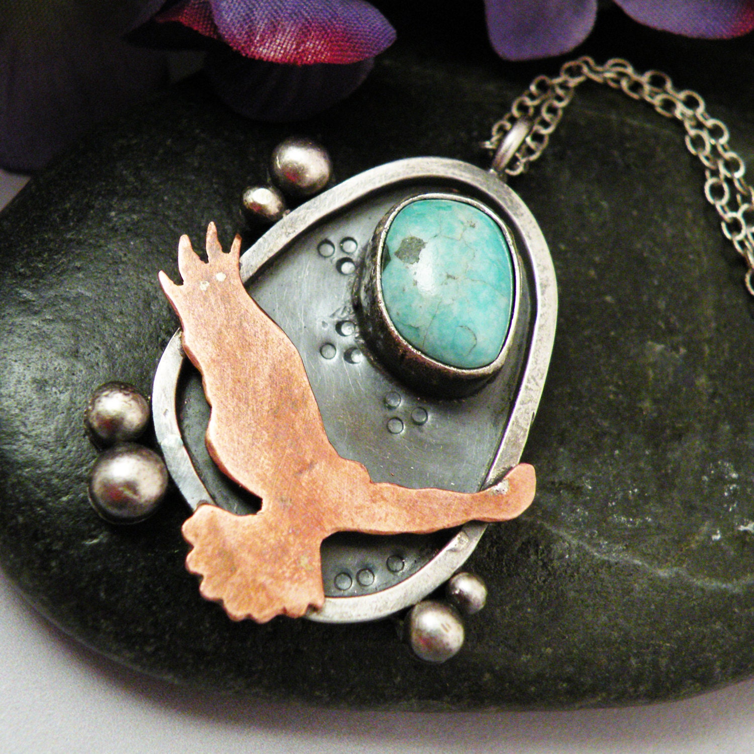 Sterling Silver, Copper and Turquoise necklace - Fly Me to the Moon