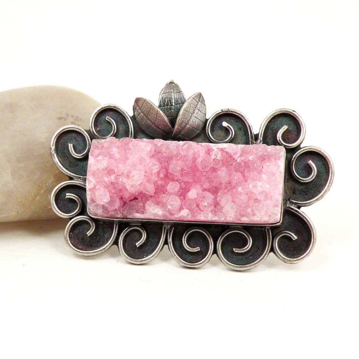 RESERVED Druzy Ring Sterling Silver Large Pink Stone Statement Jewelry Size 9 - Flourish