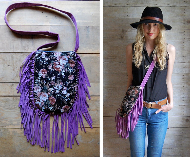 SALE /// double-sided fringe bag. Navajo and purple suede