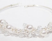 Pearl & Crystal Cluster Tiara Wedding Headband, White pearls, Clear Crystals, flexible band, Bridal Accessories