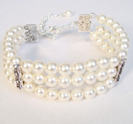 Triple Strand Cream Pearl Cuff Wedding Jewelry Bracelet, Adjustable Sizing, ivory pearls, antique silver