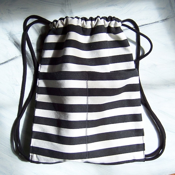 Black and White Stripe Backpack with Drawstring Closure
