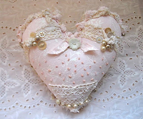 sale ......Fabric ooak heart pillow- pretty- pale pink shabby chic pillow- romantic heart pillow- fiber art- frayed edges
