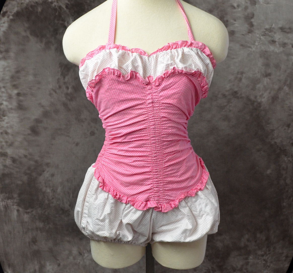 1950s Bathing suit one piece pink Polka dot Bloomer Cotton playsuit Catalina Styled for the Stars of Hollywood