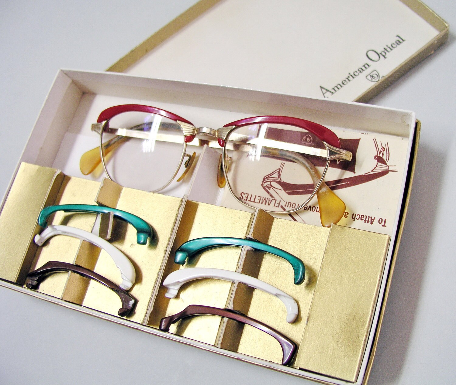 1950s glasses eyeglasses Removable exchangeable Flamettes American Optical Flame box set Interchangeable Rims