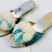 Vintage slippers 1950s 60s white rabbit fur Pom Pom slippers gold  teal velvet  Primstyle