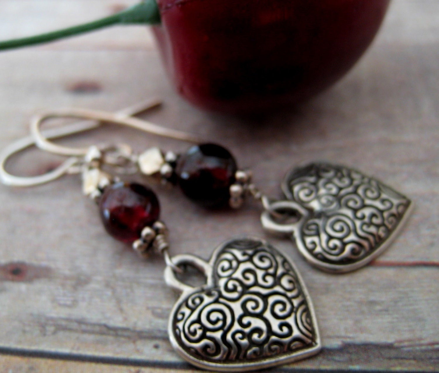 Texture Heart charm earrings-Oxidized Sterling silver hearts and garnet earrings-Rustic earrings