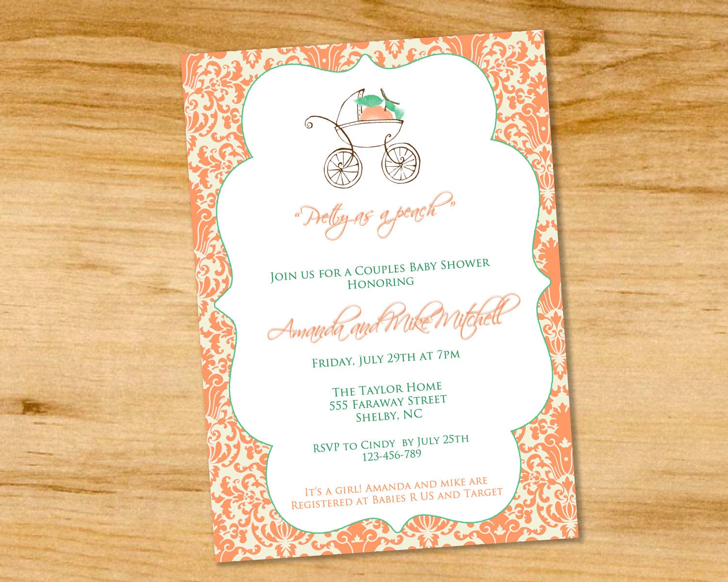 Pretty as a Peach - Baby Shower Invitation - Digital File or Printed