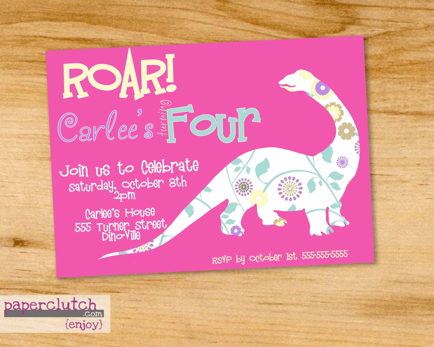 Girly Dinosaur- Birthday Party Invitation - Digital File or Printed