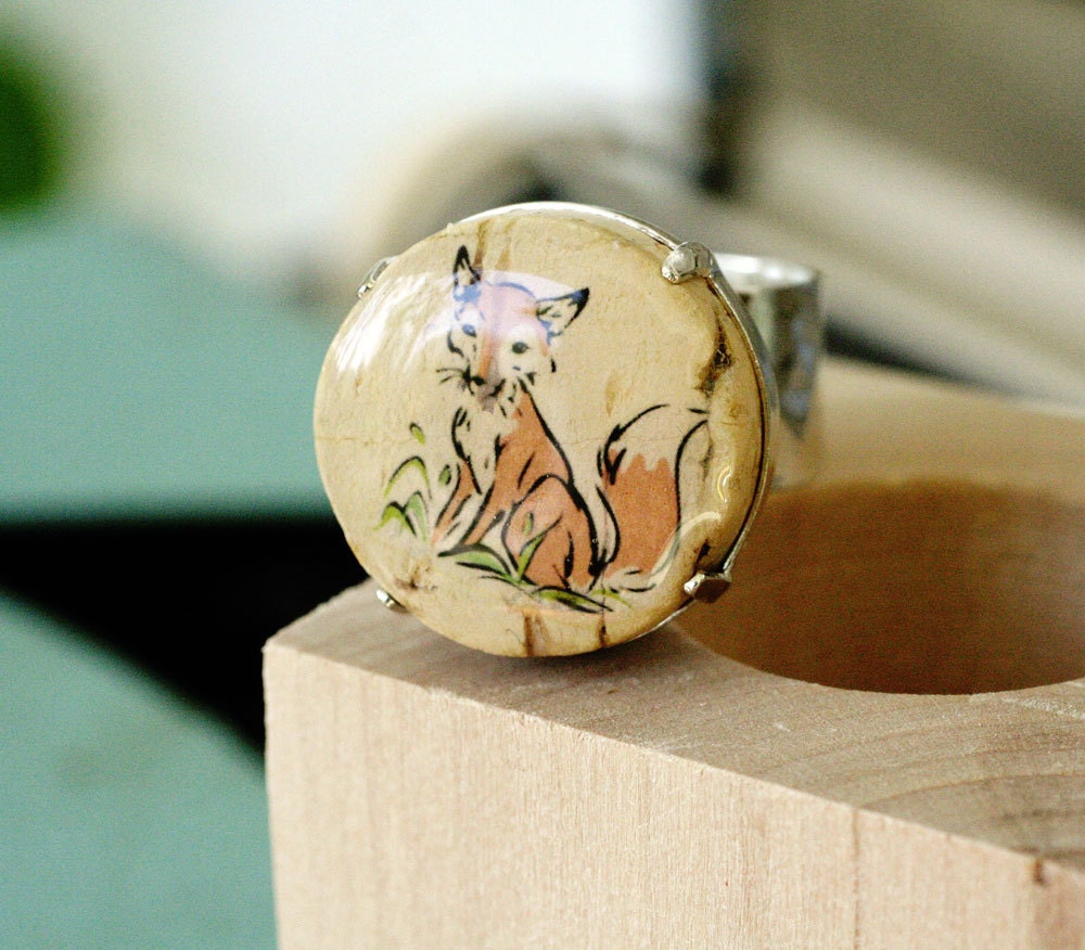 Fox Ring - Wine Cork Jewelry in Recycled Wood Cube - Handmade by Uncorked