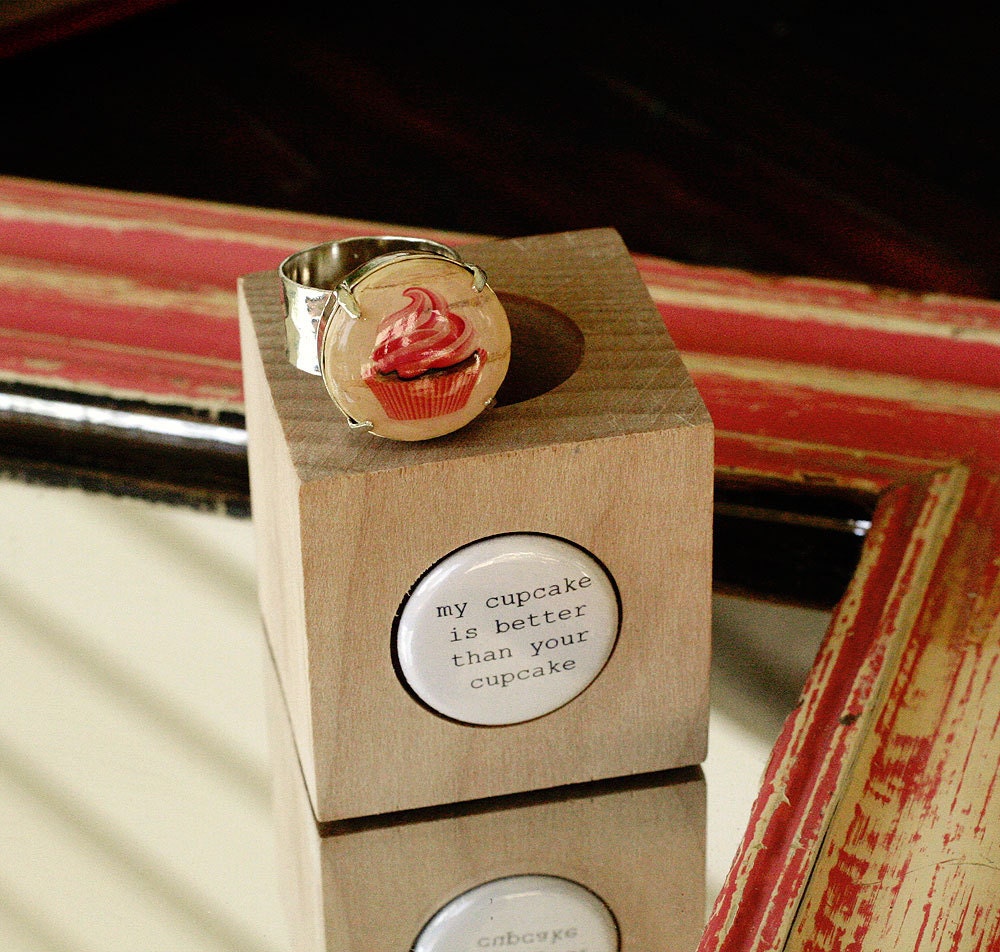 Pink Cupcake Jewelry- Adjustable Silver Ring, Cork, Wood Cube by Uncorked