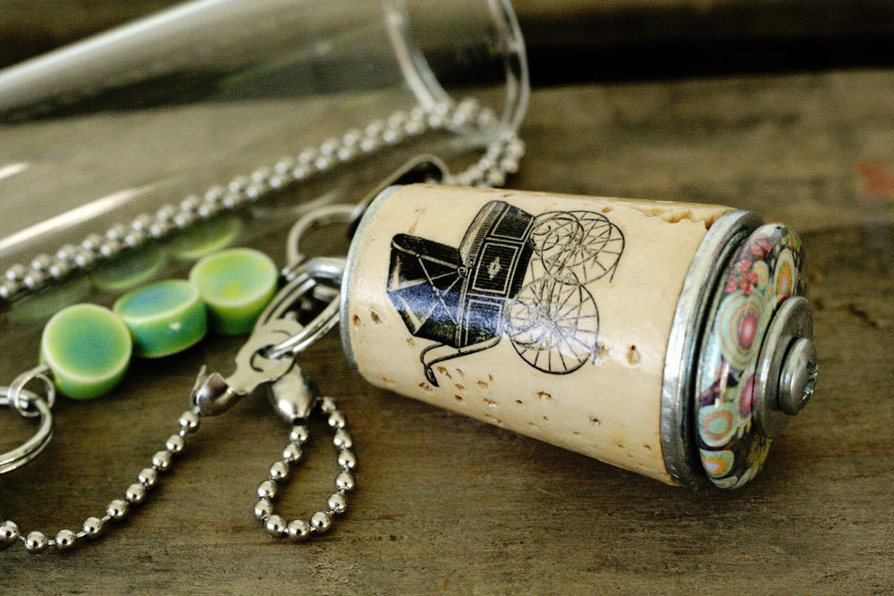 New Mom Necklace - Upcycled Cork Jewelry with Baby Buggy by Uncorked