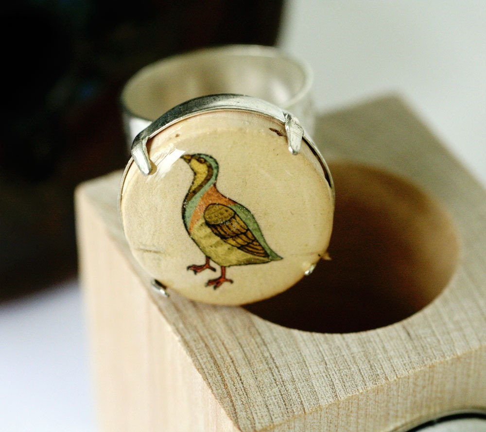 Dove Adjustable Ring - Recycled Wine Cork Jewelry - Pastel - Silver Hammered Band