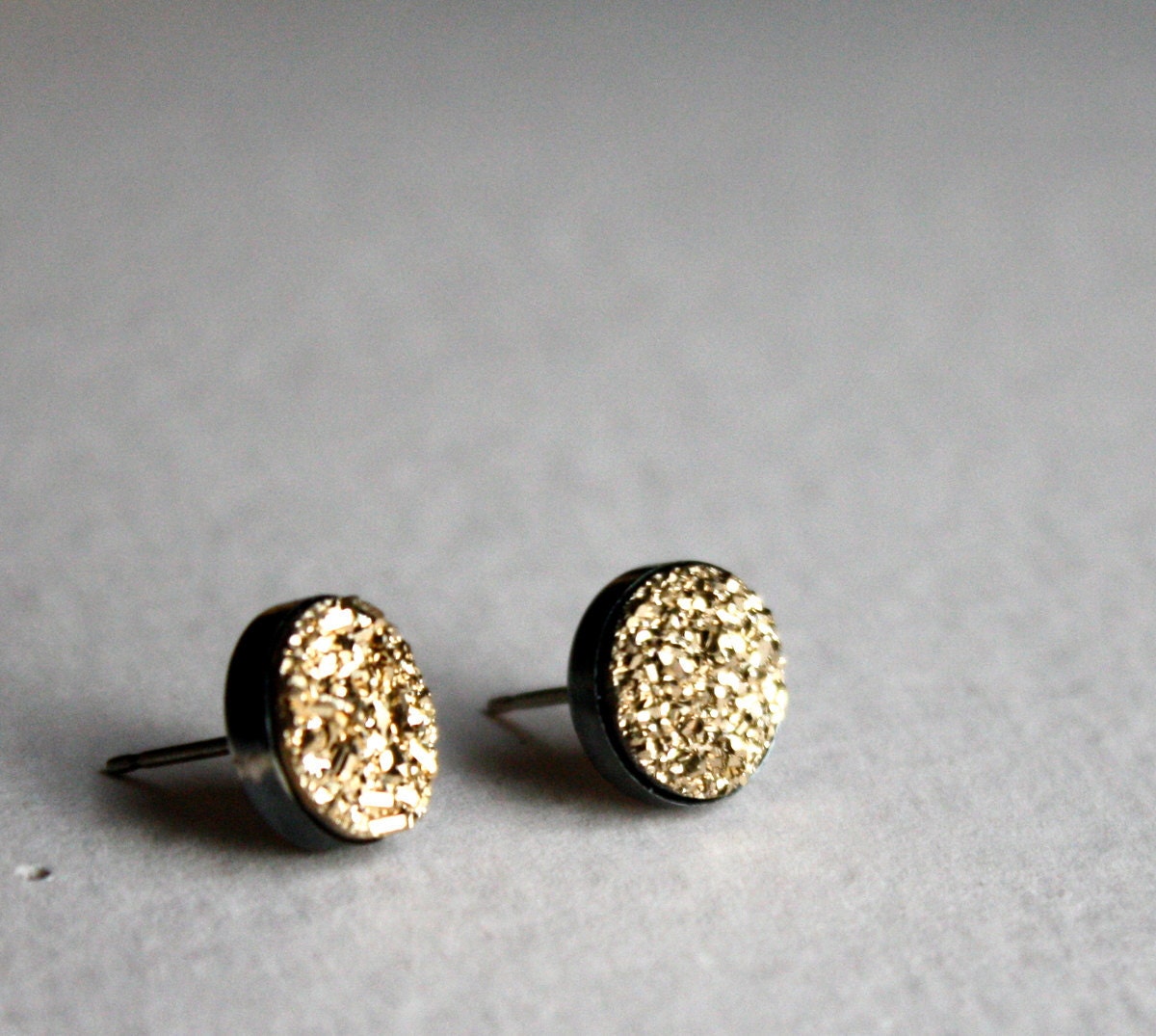 Gold Drusy Studs- Sterling Silver Oxidized Stud Earrings Handmade