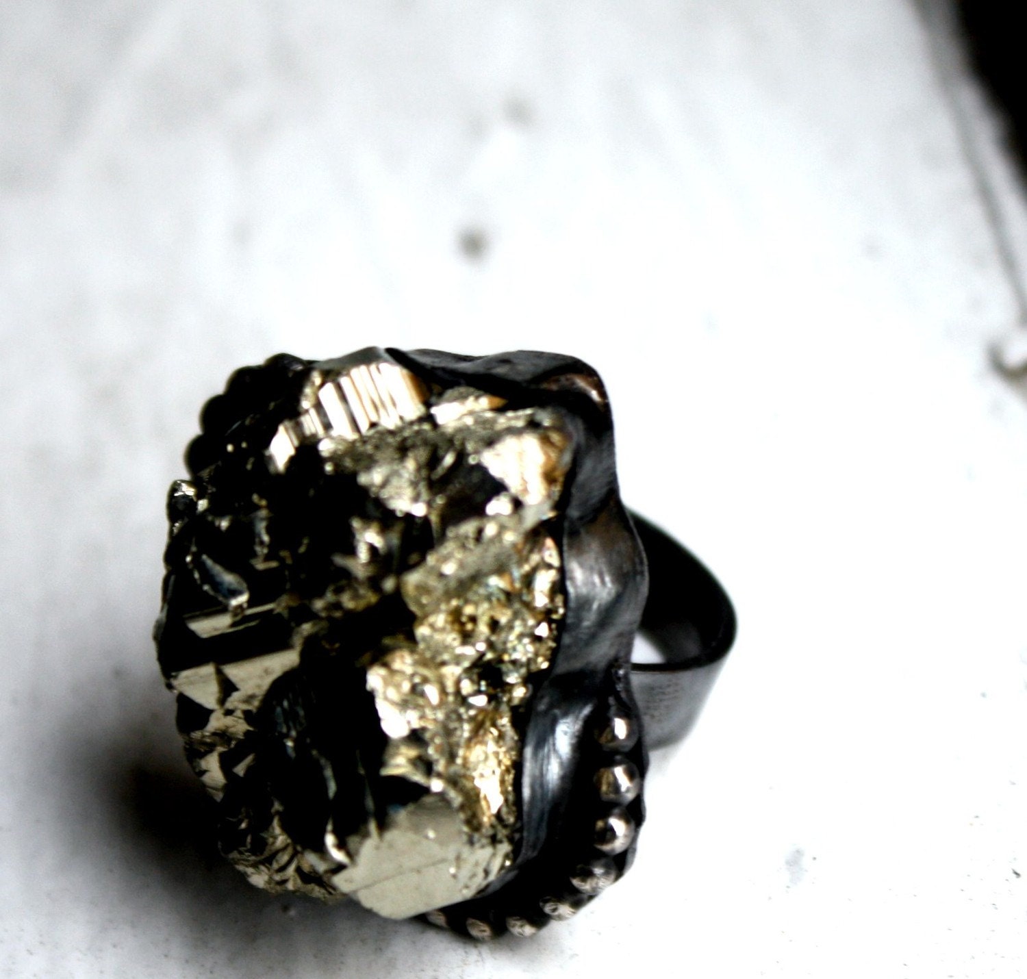 Black and Gold- Iron Pyrite in oxidized silver setting with beaded accents
