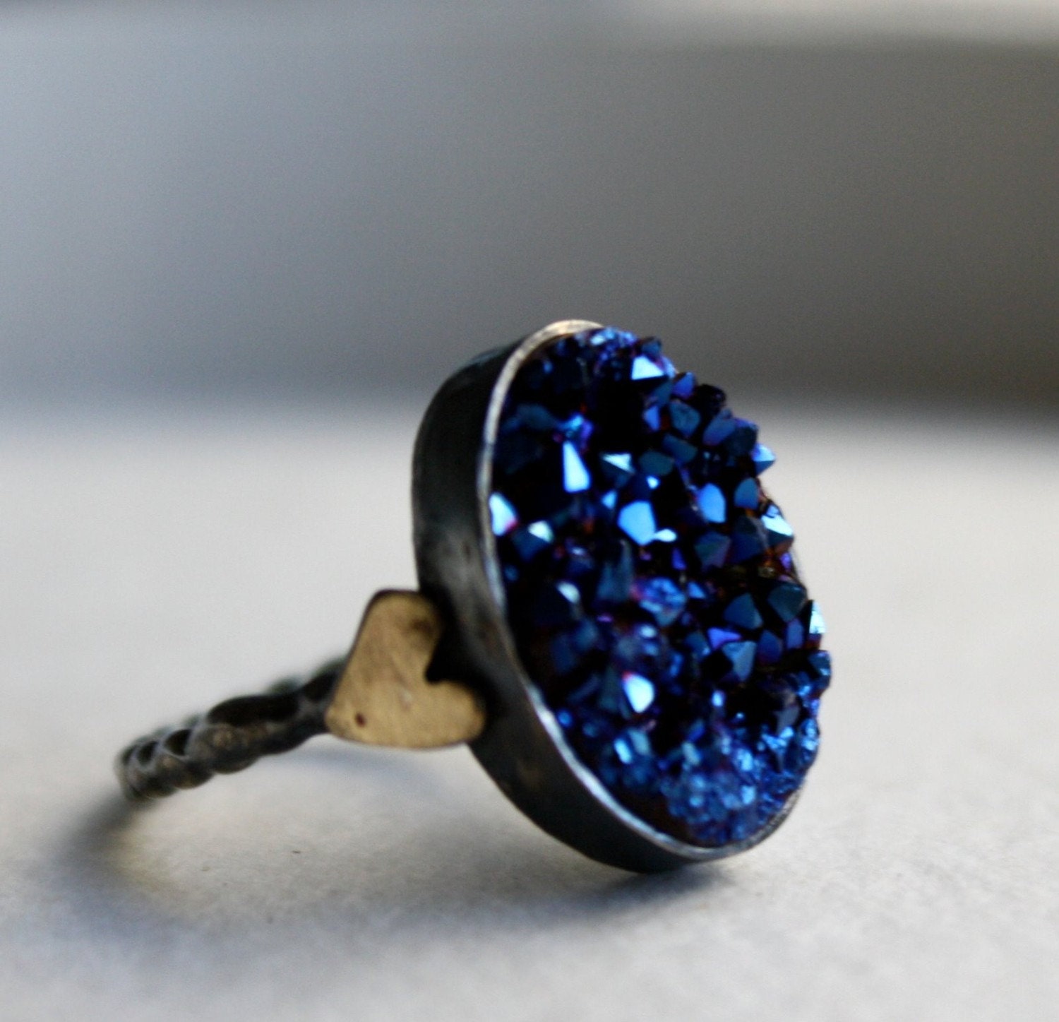 Blue Drusy with Hearts Ring by Rachel Pfeffer
