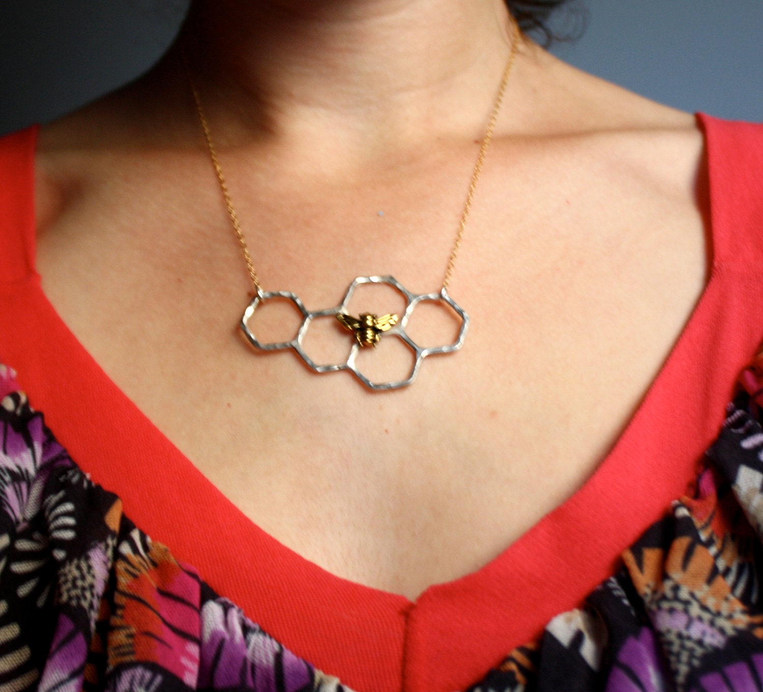 Sterling Silver Honeycomb Necklace on 14k Gold Filled Chain