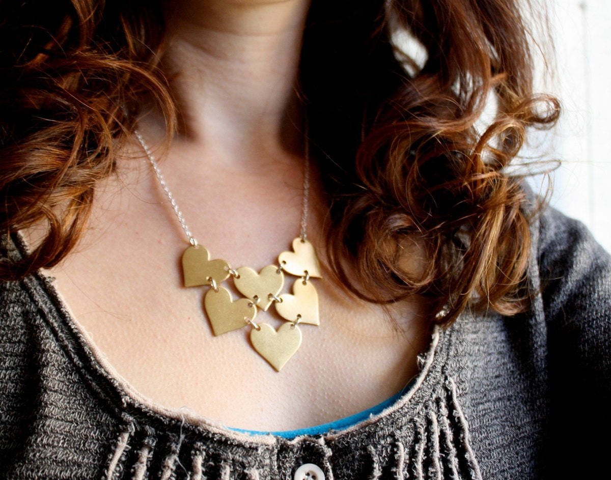 Handmade Heart Bib Necklace- Brass and Sterling Silver