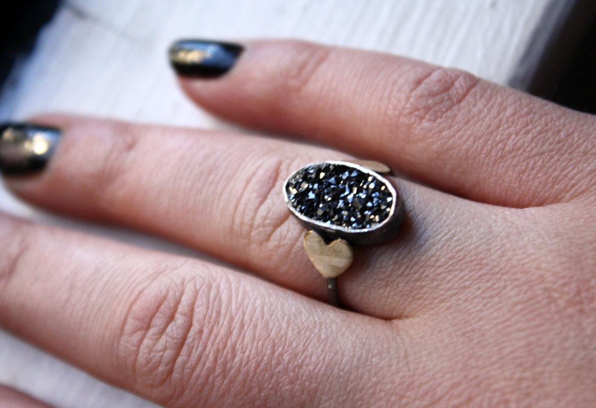 Oval Black Drusy ring with Brass Hearts- Handmade in Sterling Silver