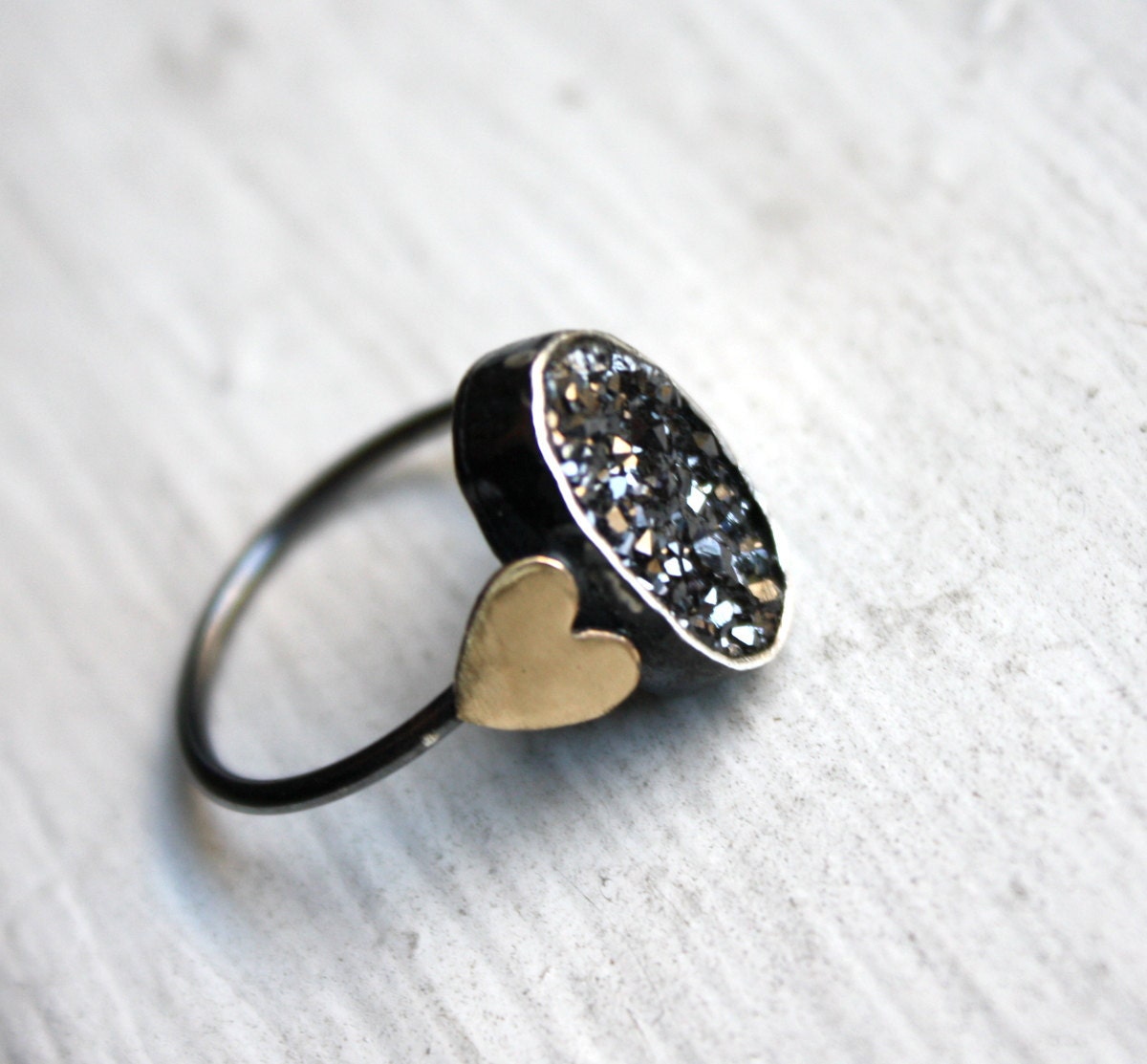 Oval Black Drusy ring with Brass Hearts- Handmade in Sterling Silver