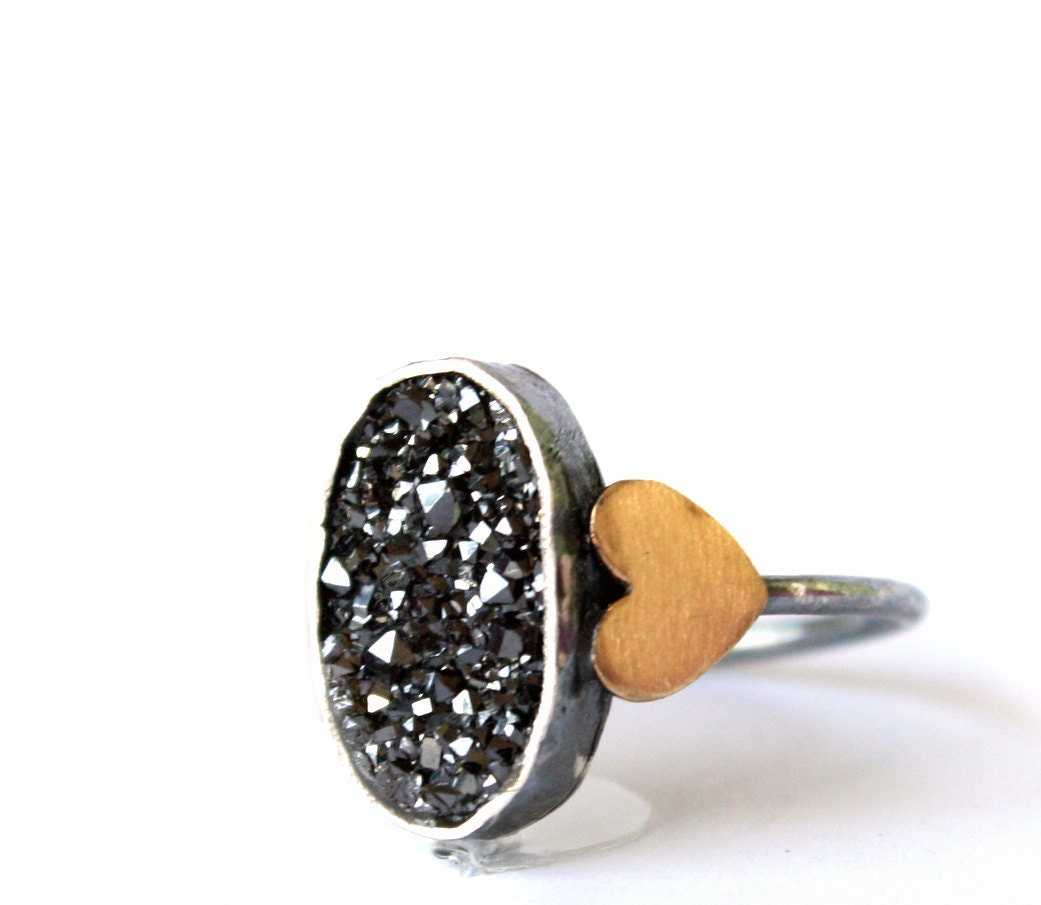 Oval Black Drusy ring with Brass Hearts- Handmade in Sterling Silver
