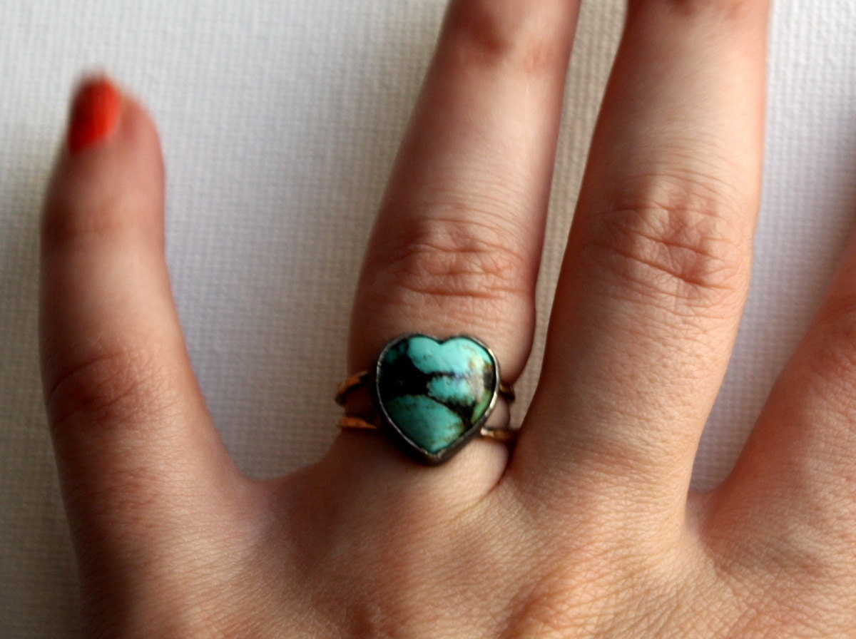 Handmade Turquoise Heart Ring in Sterling Silver on Gold Fill Band