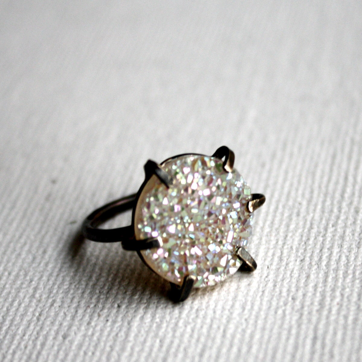 Snow White Drusy In Handmade Oxidized Pronged Setting