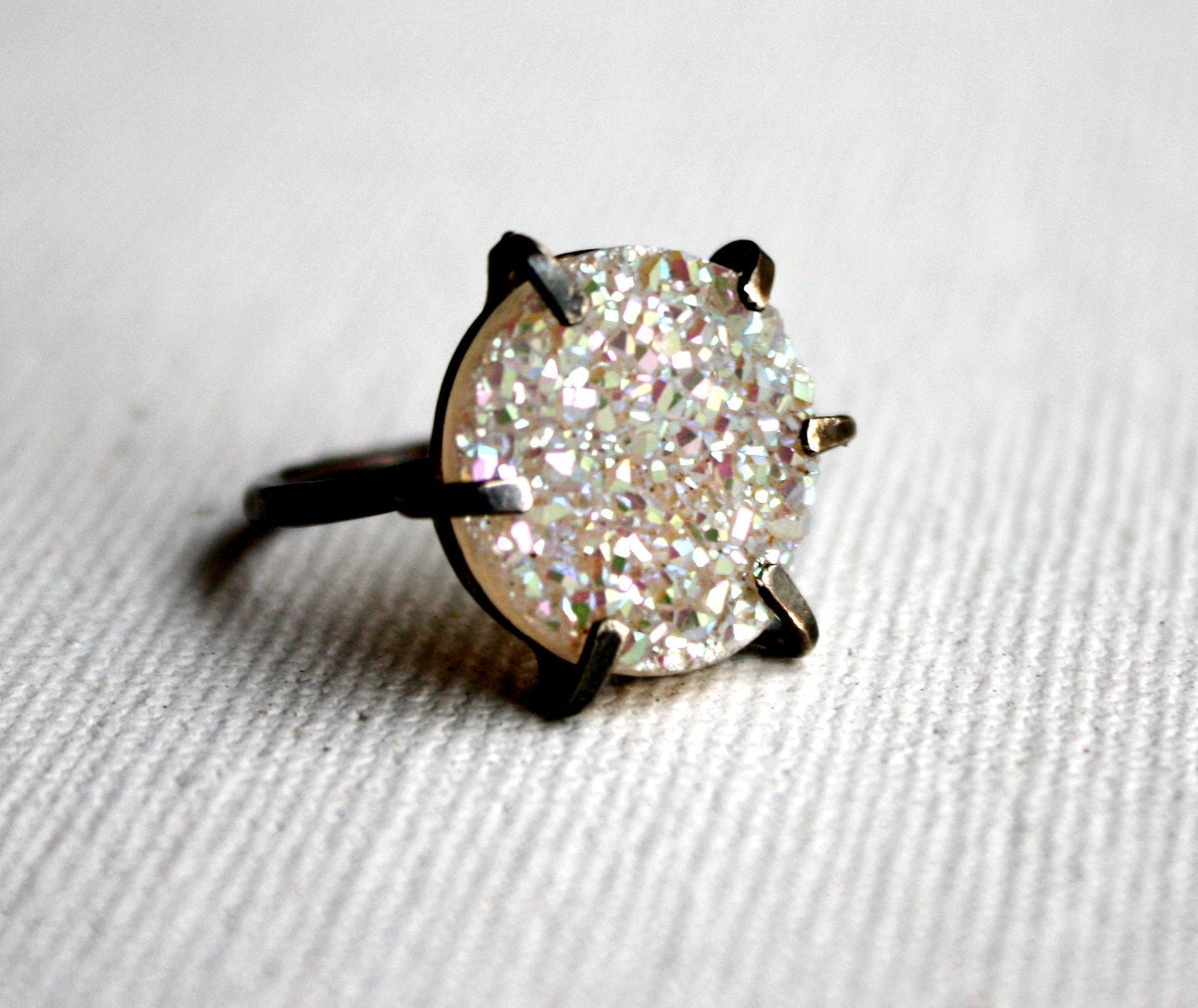 Snow White Drusy In Handmade Oxidized Pronged Setting