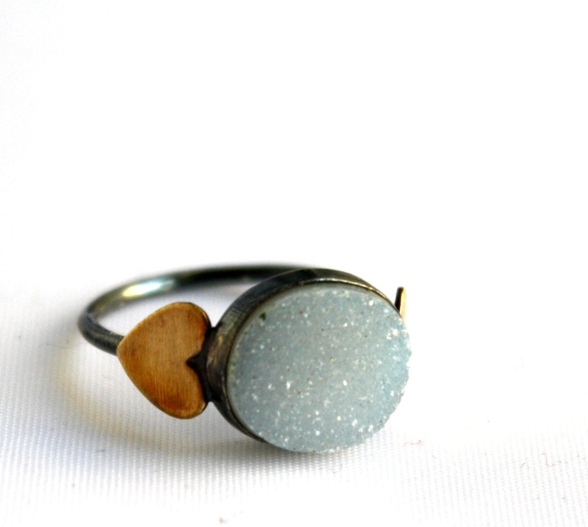 Snow White Drusy Ring - Black Oxidized Handmade Sterling Silver with Brass Hearts Ring