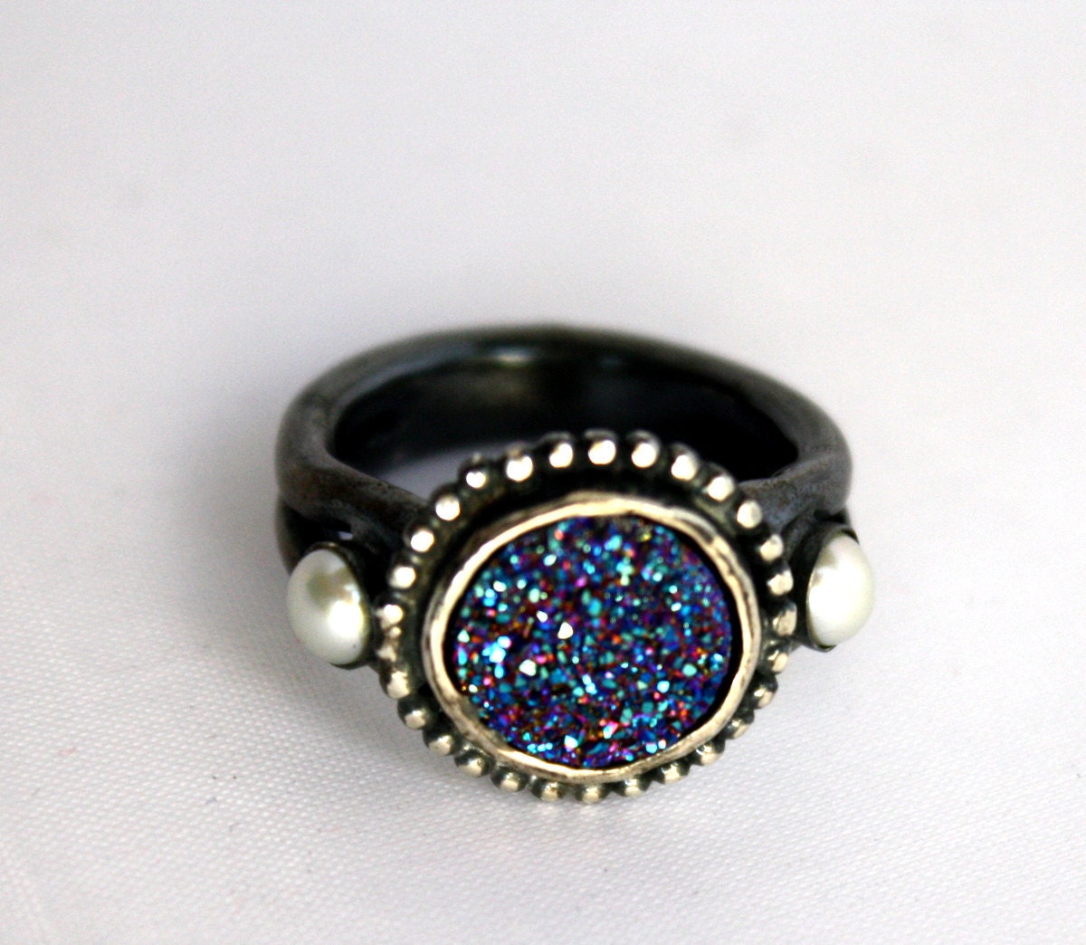 Drusy Deluxe - Luxury Sterling Silver Ring with Blue Drusy and Pearls