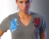 Graphic T shirt Shoulder Angel and Devil Organic V-neck - Womens Tshirt XS S M L XL 2XL 3XL