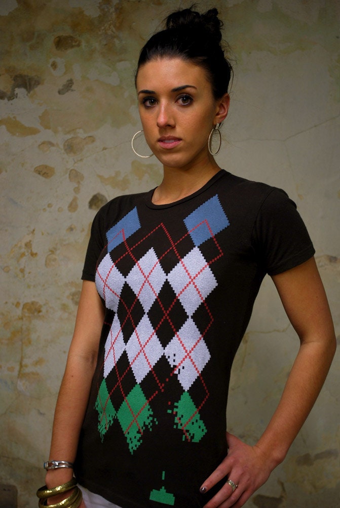 Space Invaders Argyle Annihilation Women's Tshirt on black- Women's Tee Shirt S M L XL