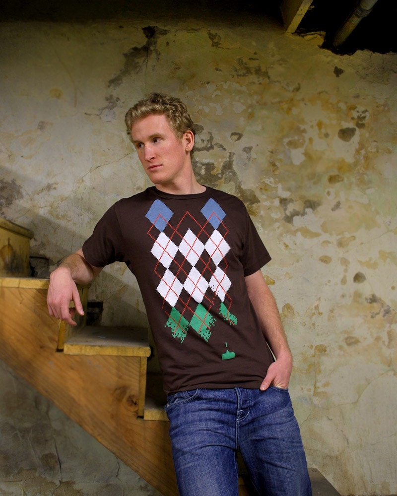 Space Invaders Argyle Tshirt on brown- Men's Argyle Shirt S M L XL 2X 3X