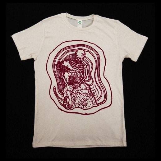 Mens Organic Cotton Tshirt in Oatmeal feat. Vdekja print in Deep Red