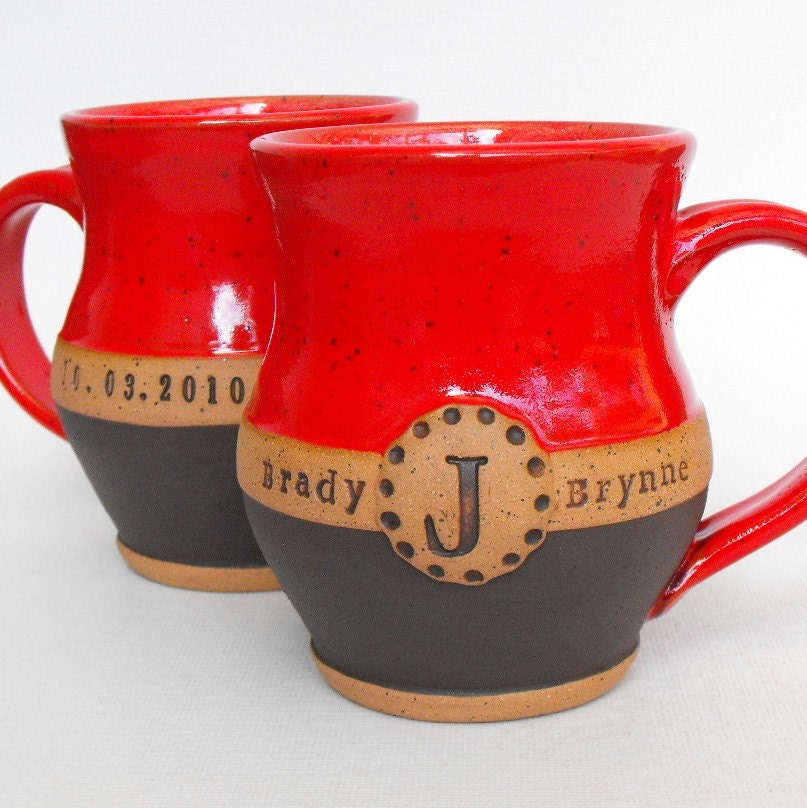 2-Piece Set, Commemorative Wedding or Anniversary Mugs, Names, Monogram and Date by Mud Pie Studio