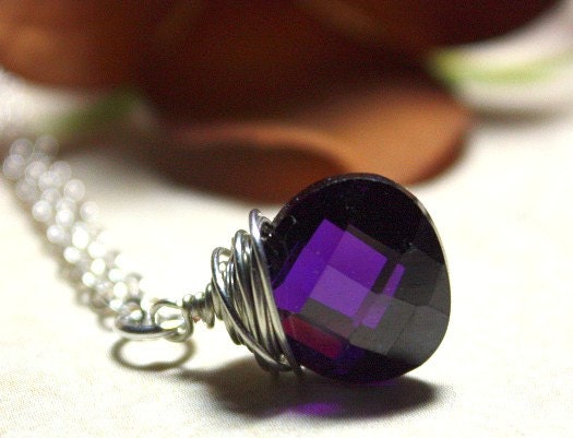 Cubic Zirconia Deep Purple Faceted Briolette Pendant necklace Free U S A Shipping