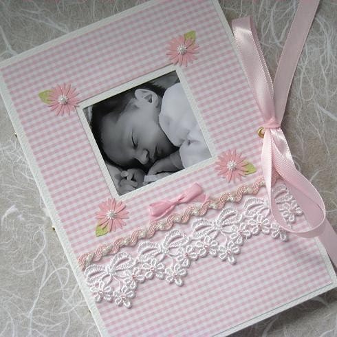Personalized Baby Girl Photo Album in Pink Gingham and Beaded Lace