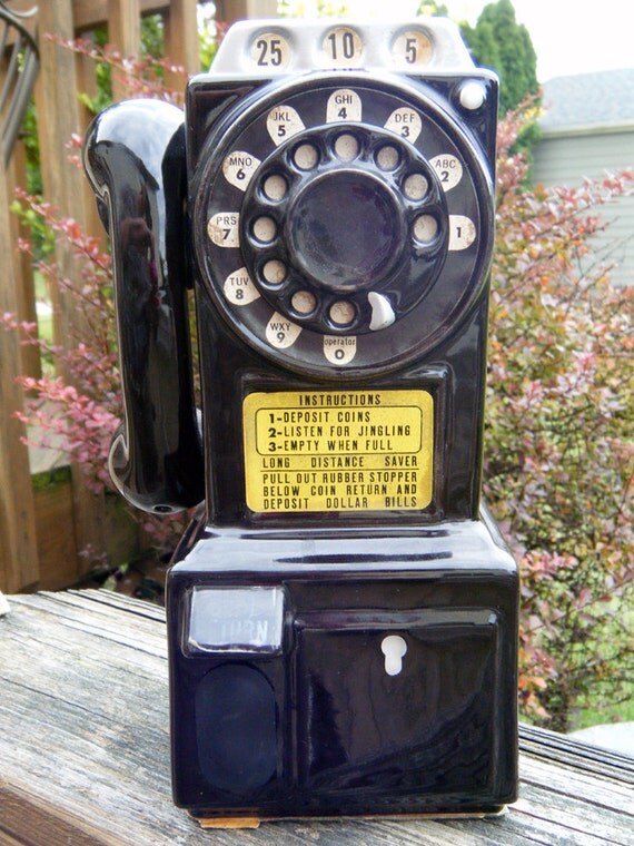 Vintage Wall Pay Phone Bank Black Ceramic by Vintageworks on Etsy