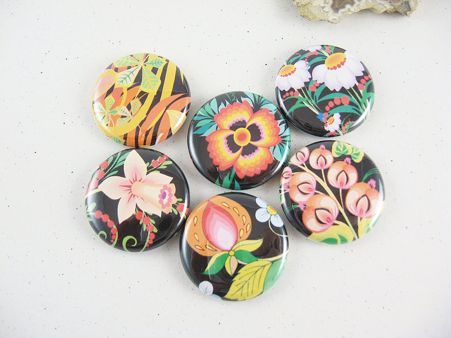 Floral Celebration 6 Fridge Magnets black white orange coral green 1150