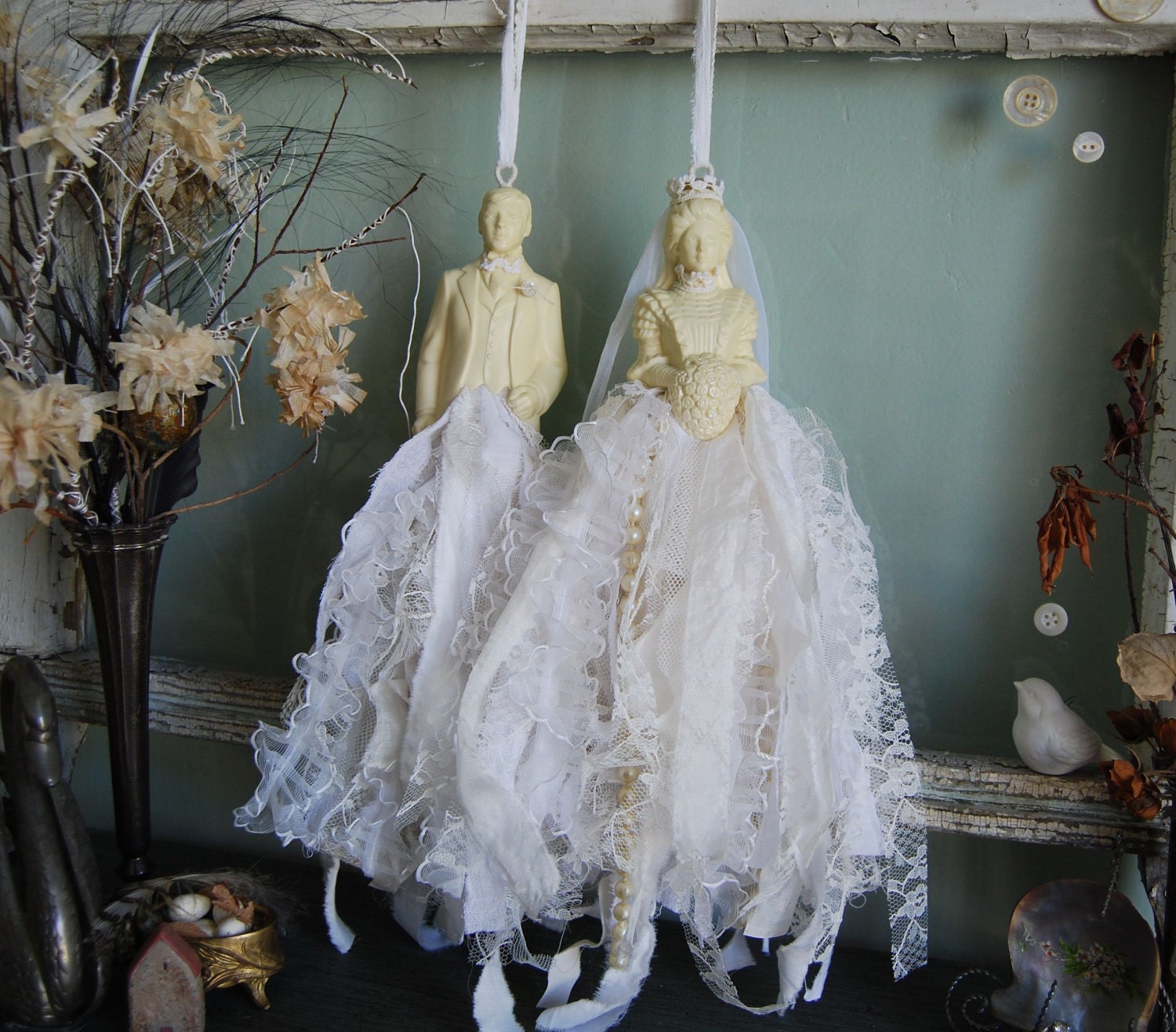 Goin to the Chapel - Abandoned Vintage Bits of Fabric and Lace Bride and Groom Wedding Shabby Chic Rag Tassel Set OOAK FunkyJunkyArt