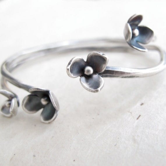 sterling silver blossom cuff bracelet - hand wrought flower cuff